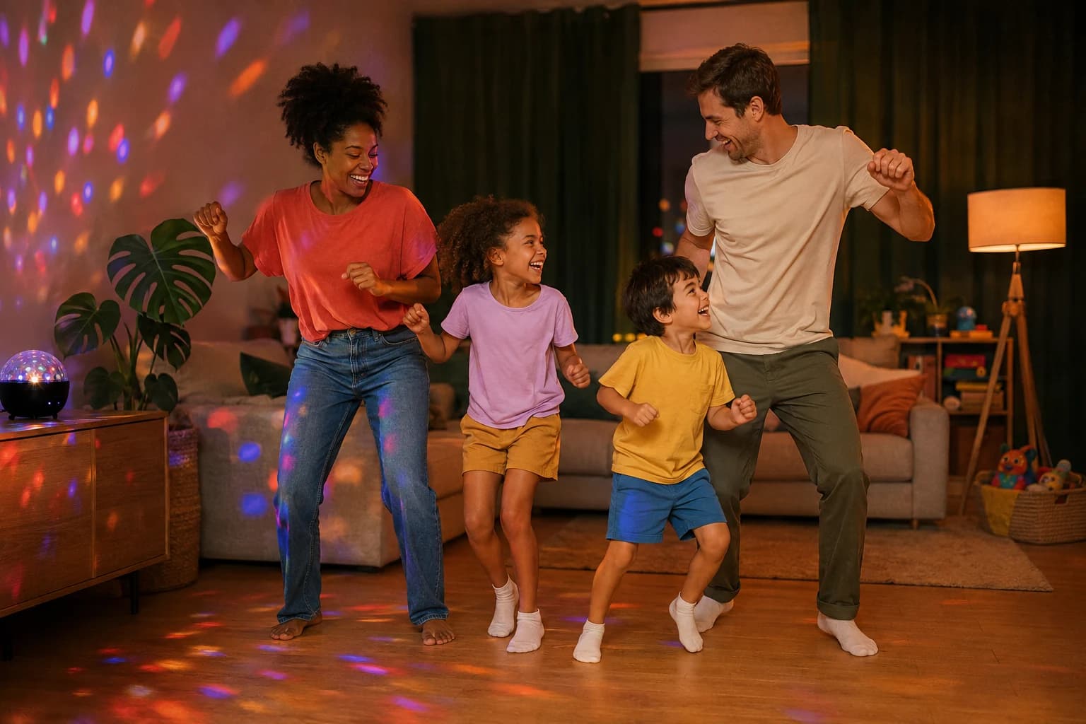 A family dancing together under colorful disco lights