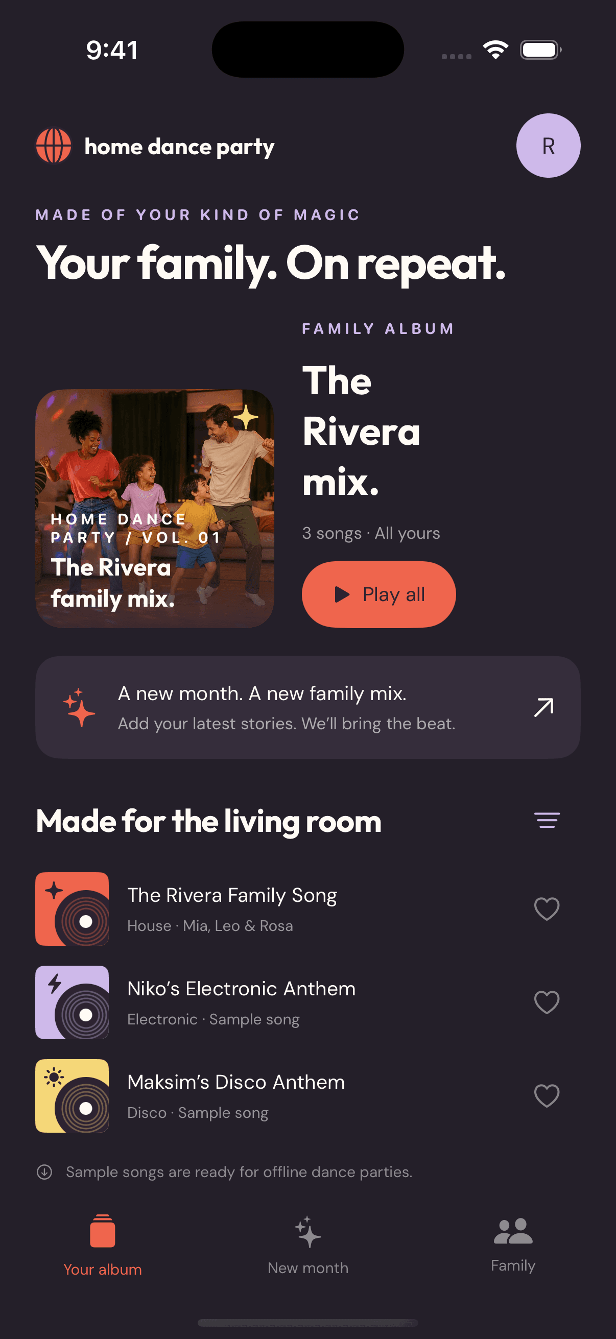 Native iOS family album with three song rows and colorful record artwork