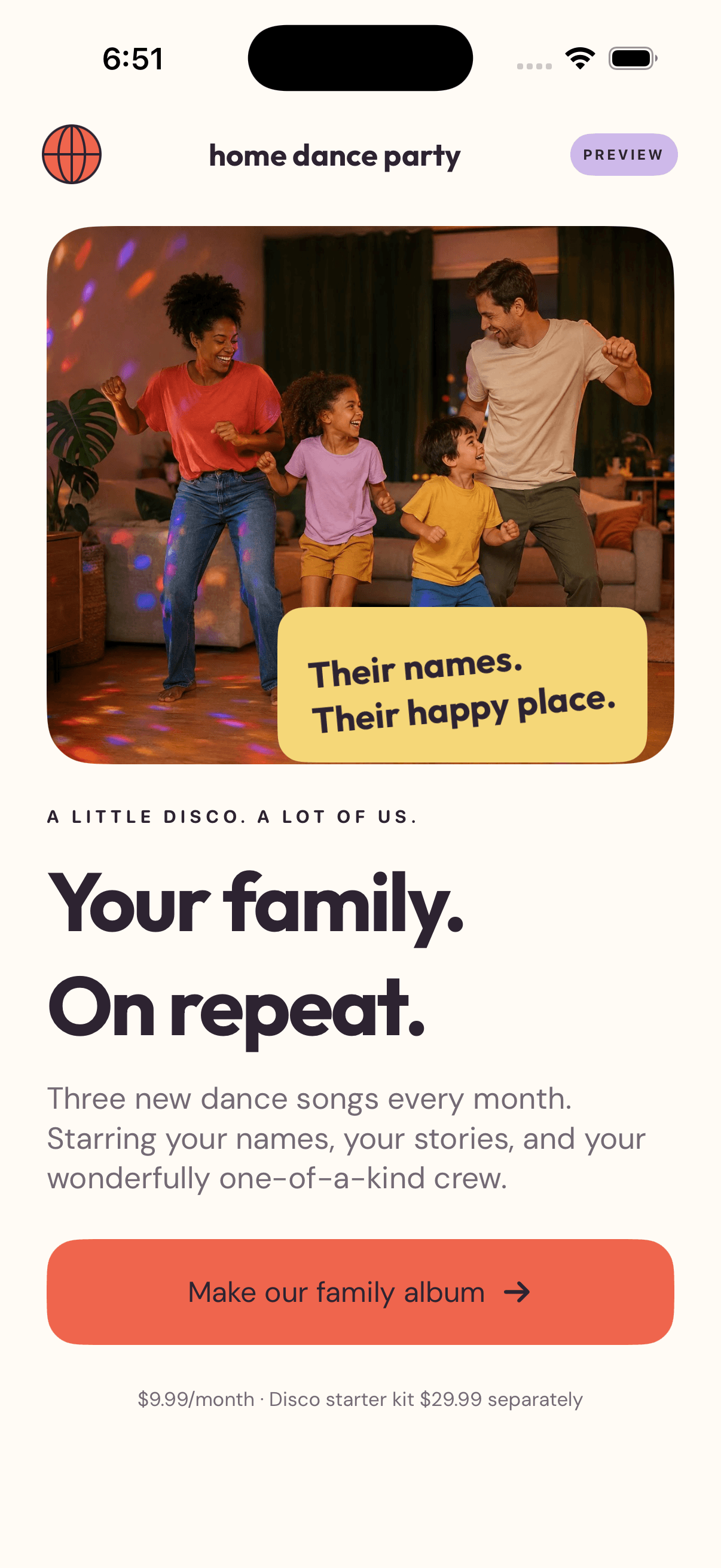 Welcome screen with family dancing and Your family on repeat headline
