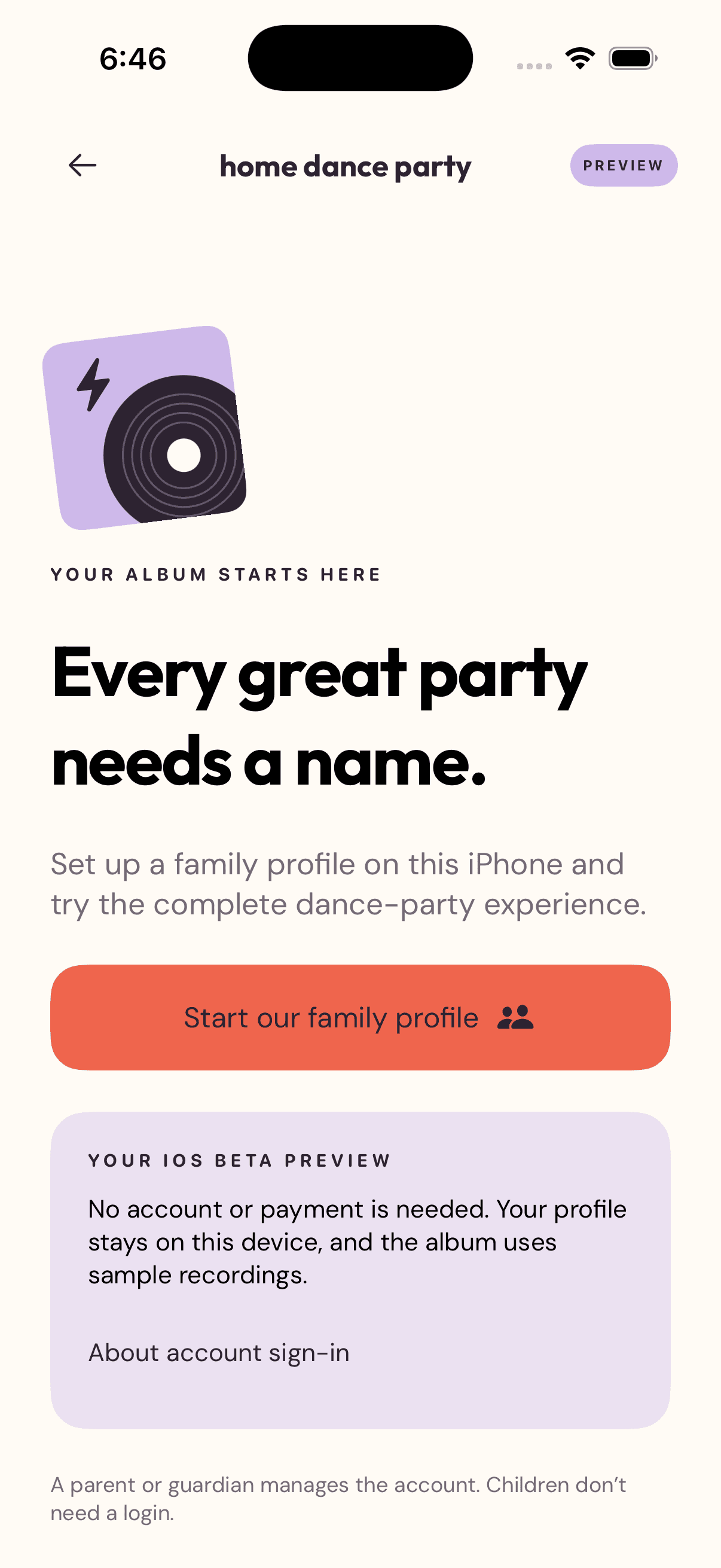 iOS beta entry with a local family profile and sample audio disclosure