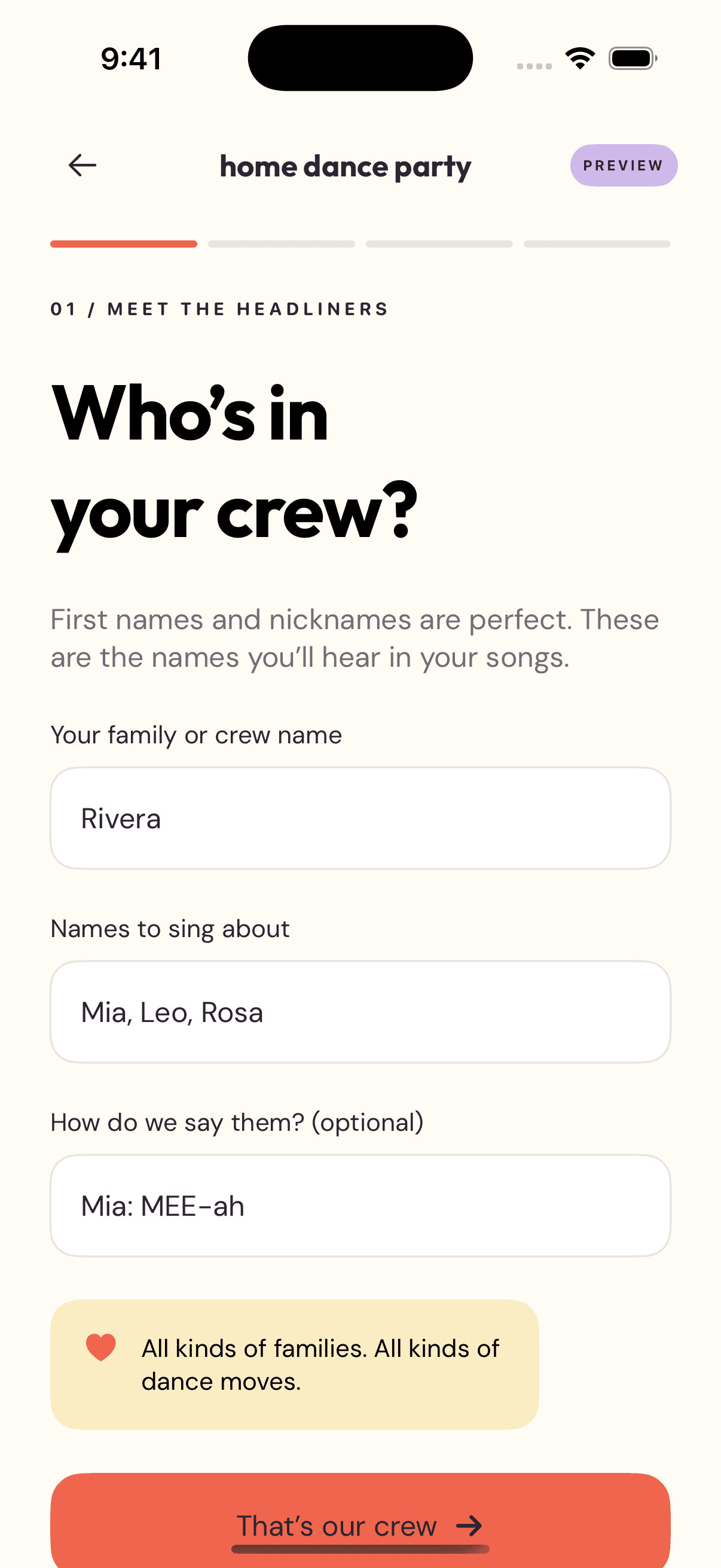 Family onboarding with names and pronunciation fields