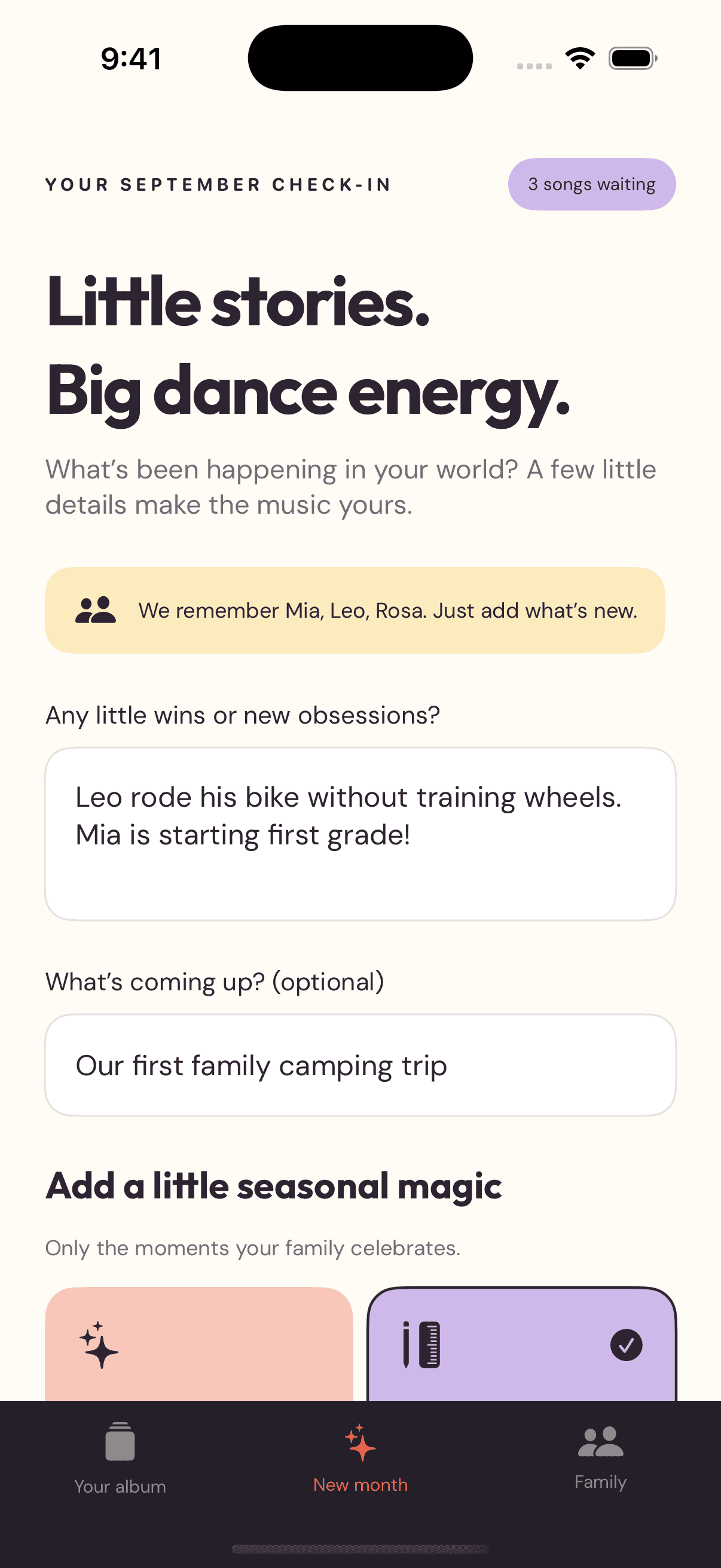 Monthly family check-in asking for new wins, obsessions, and upcoming events