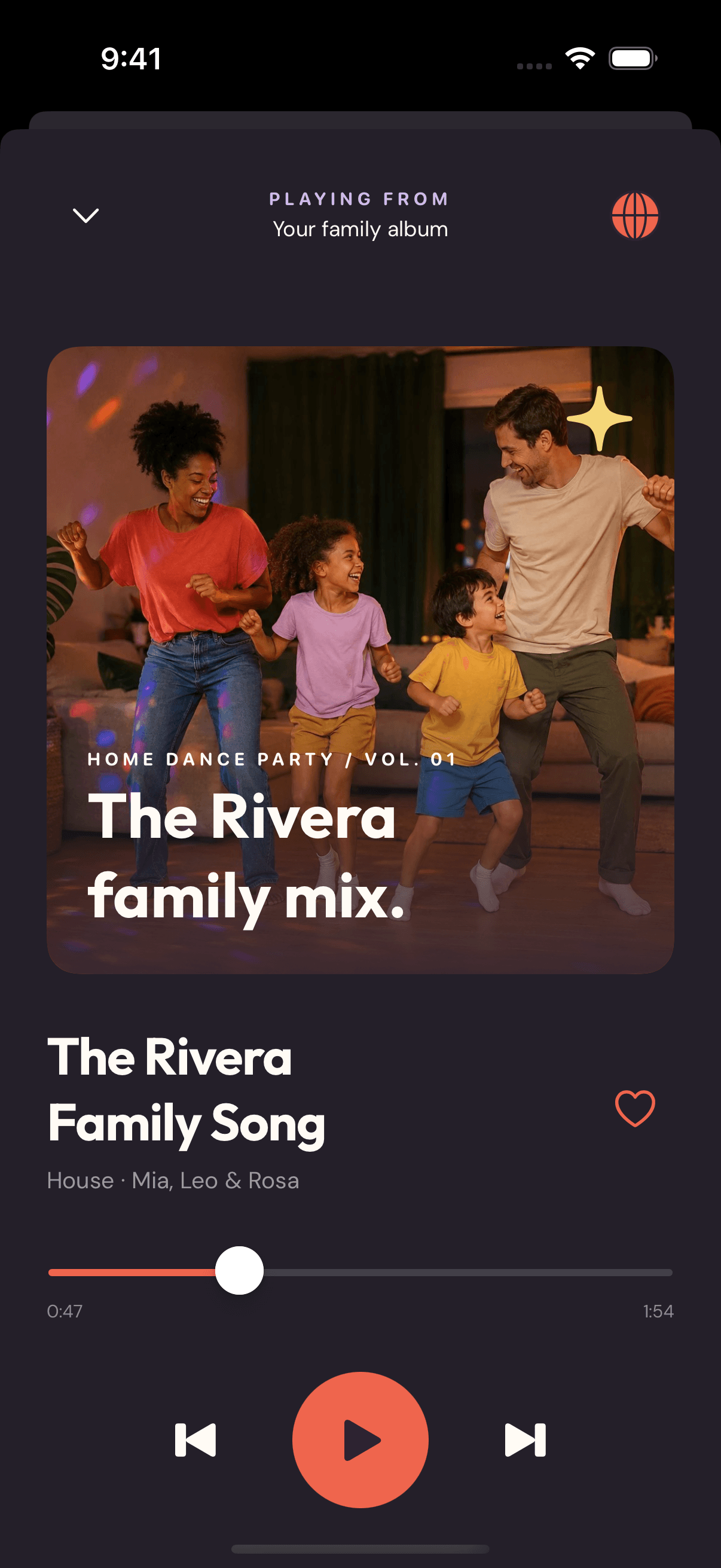 Full-screen native music player with the Rivera family album cover and playback controls