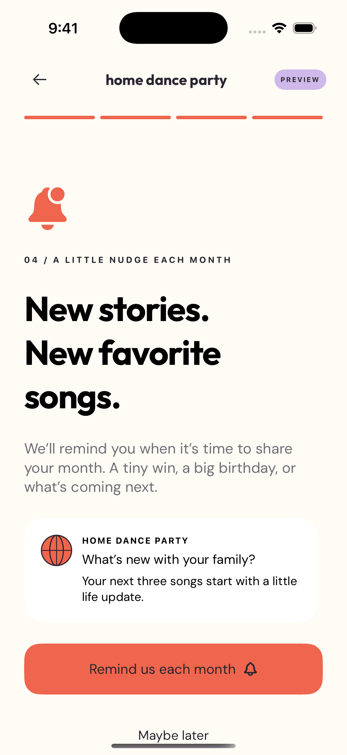 Monthly reminder opt-in screen showing the family story prompt