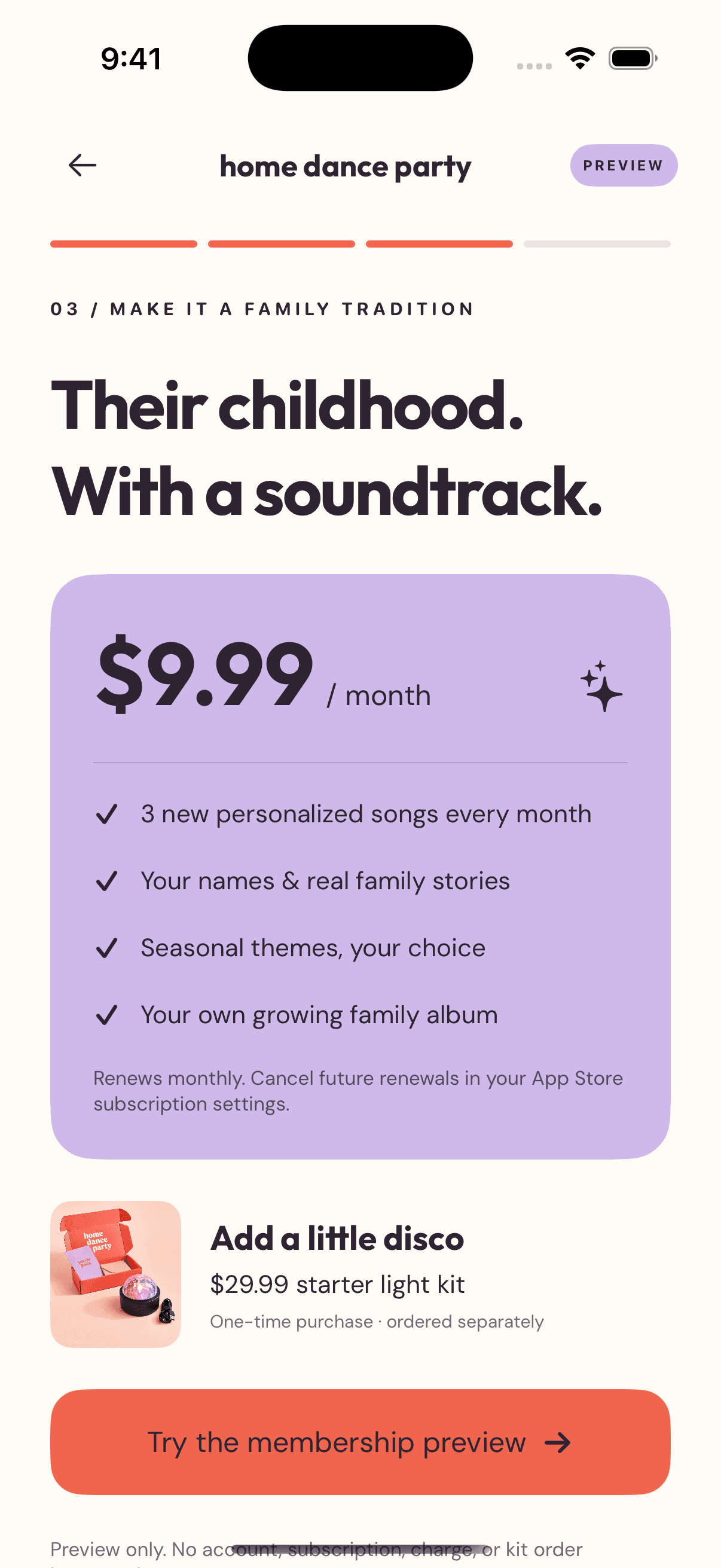 Membership offer with three songs a month and separate disco starter kit