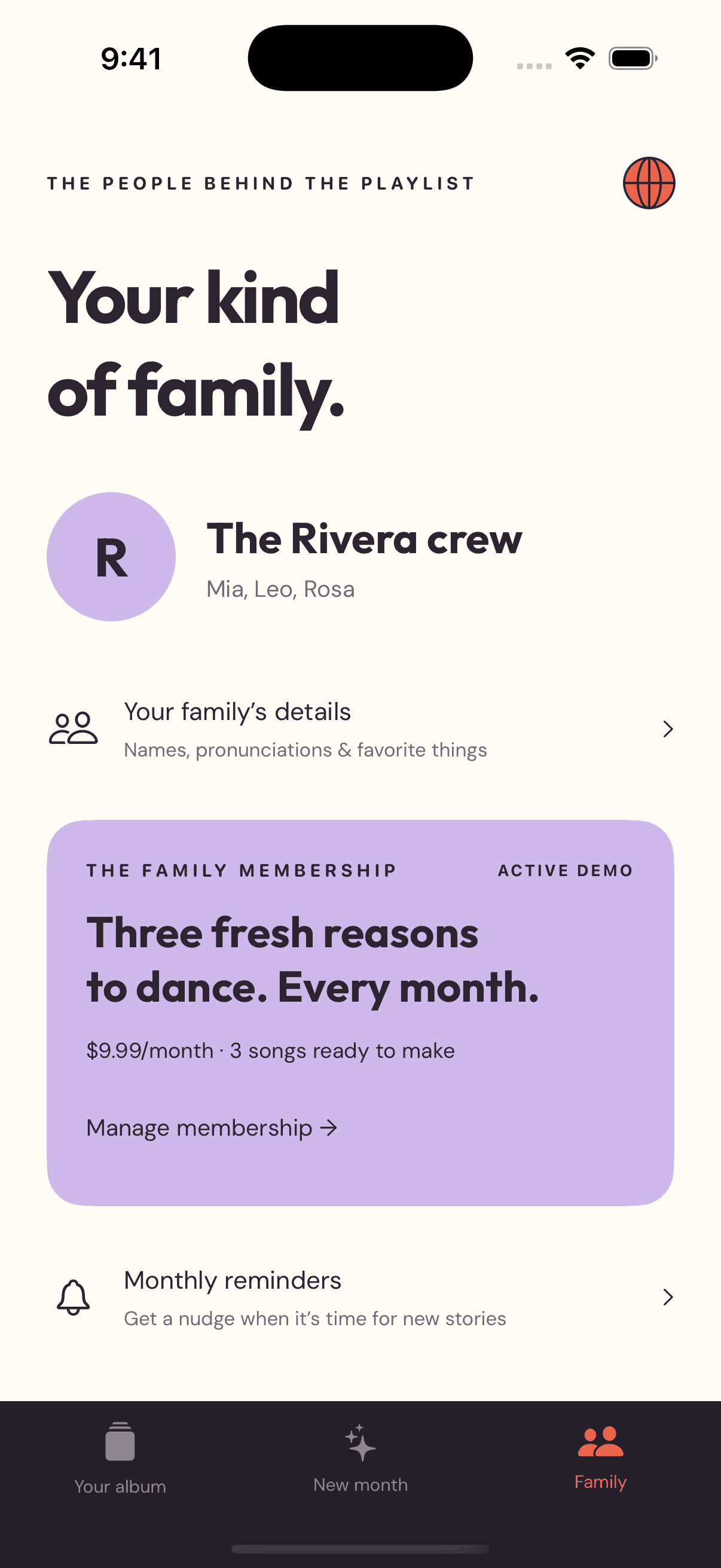 Family settings screen with profile, membership, and reminders