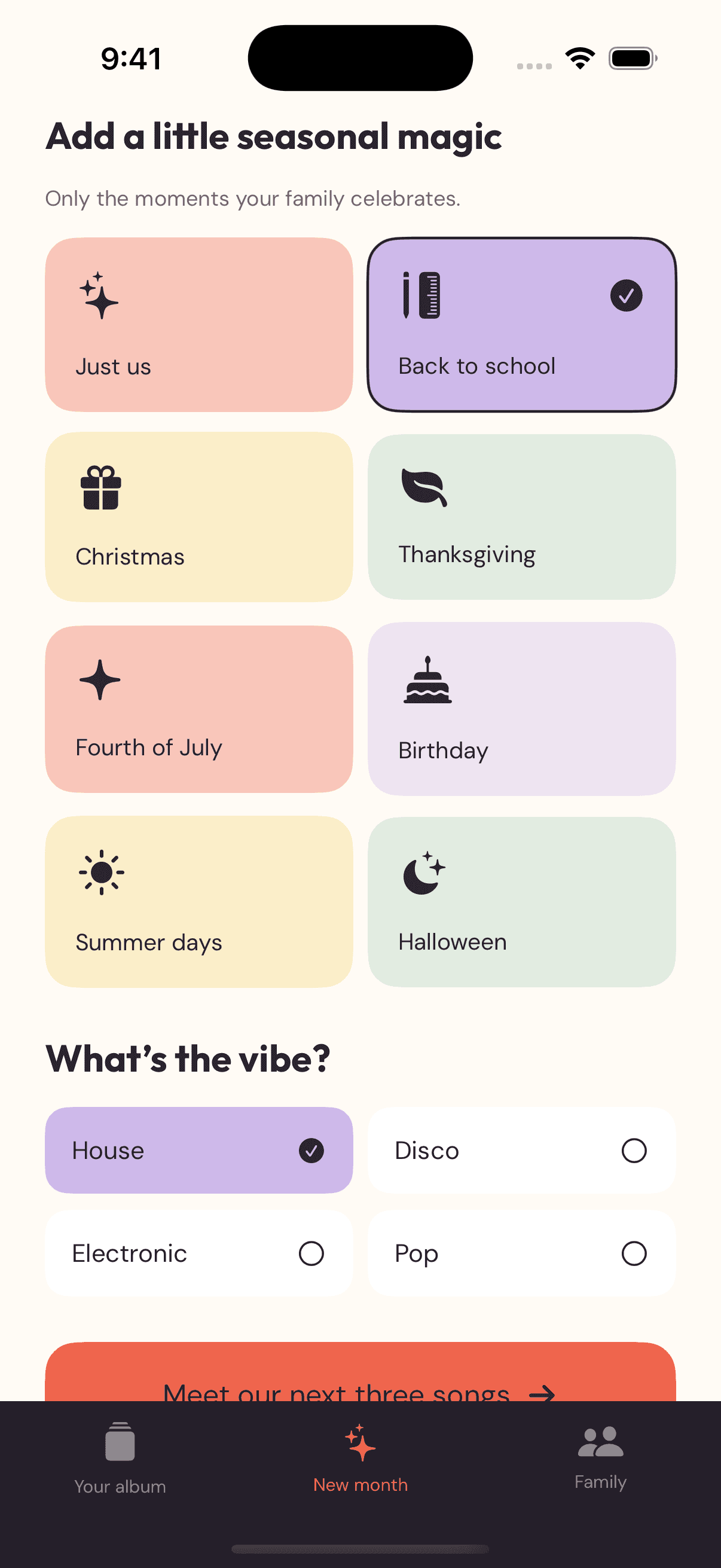 Seasonal song themes including Christmas, Thanksgiving, Fourth of July, and back to school