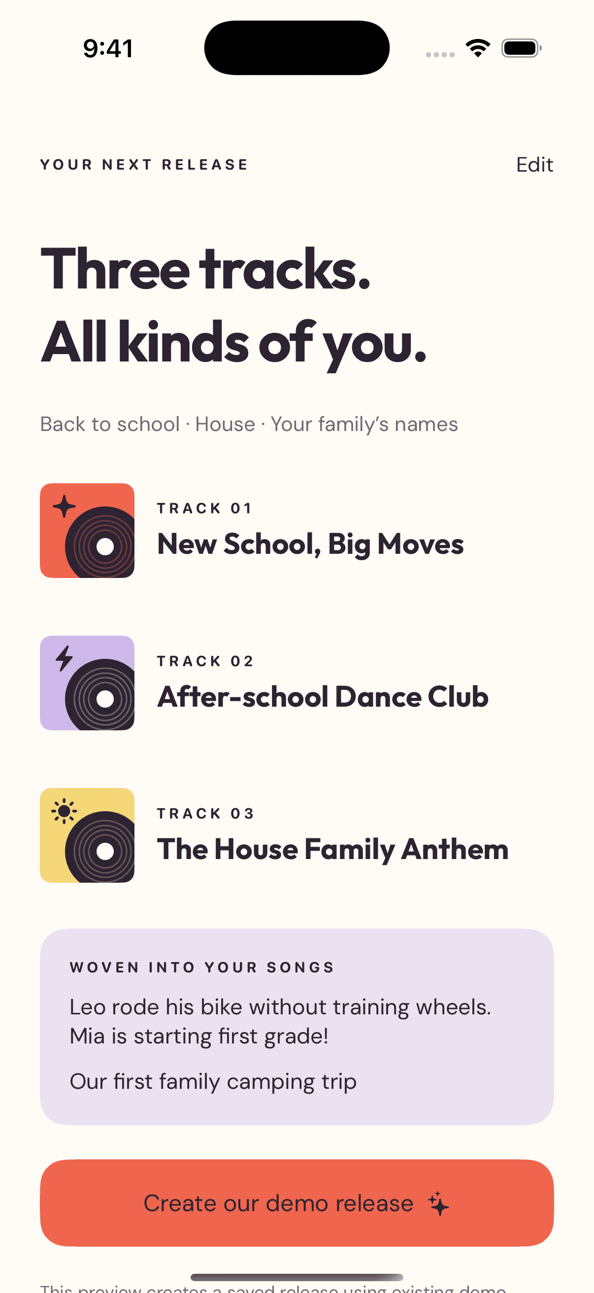Release review screen showing the three songs ready for the family album